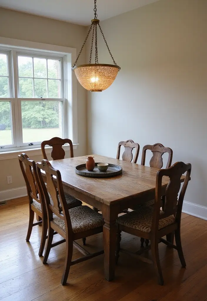 dining room with mixed wood and upholstered chairs