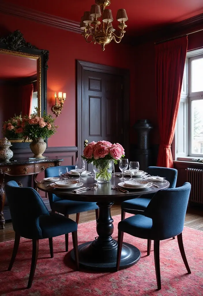 dining room with navy and gold decor