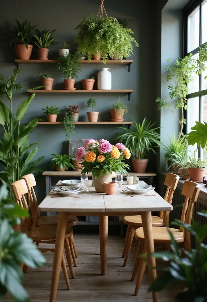 dining room with potted ferns and terracotta plant pots