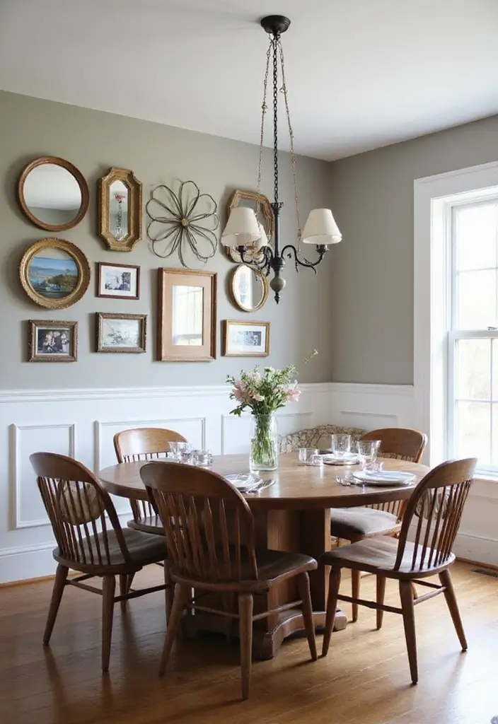 dining room with reclaimed barn wood wall and rustic mirror