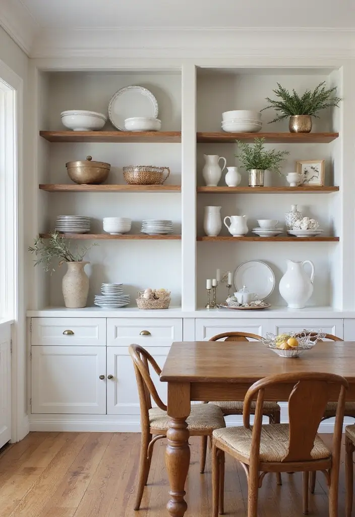 dining room with reclaimed wood shelves and vintage dishes