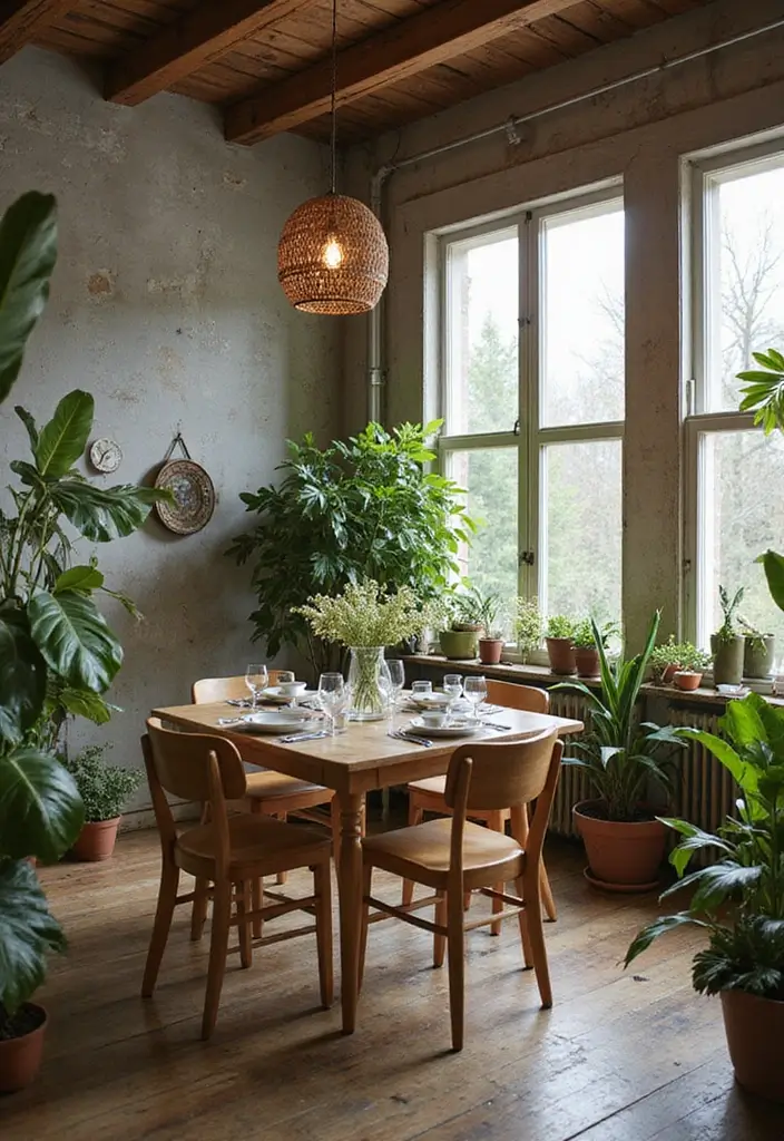 dining room with reclaimed wood table and potted herbs