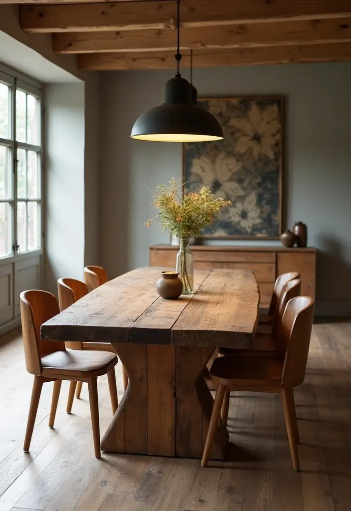 dining room with round wood table and curved chairs