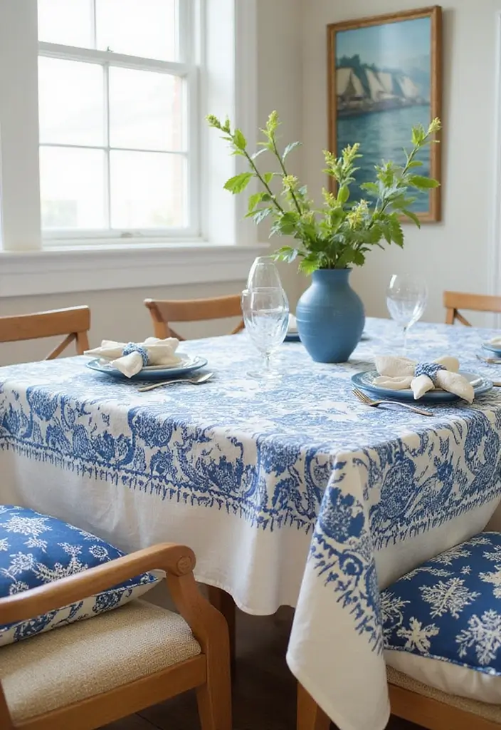 dining room with striped and floral coastal patterns