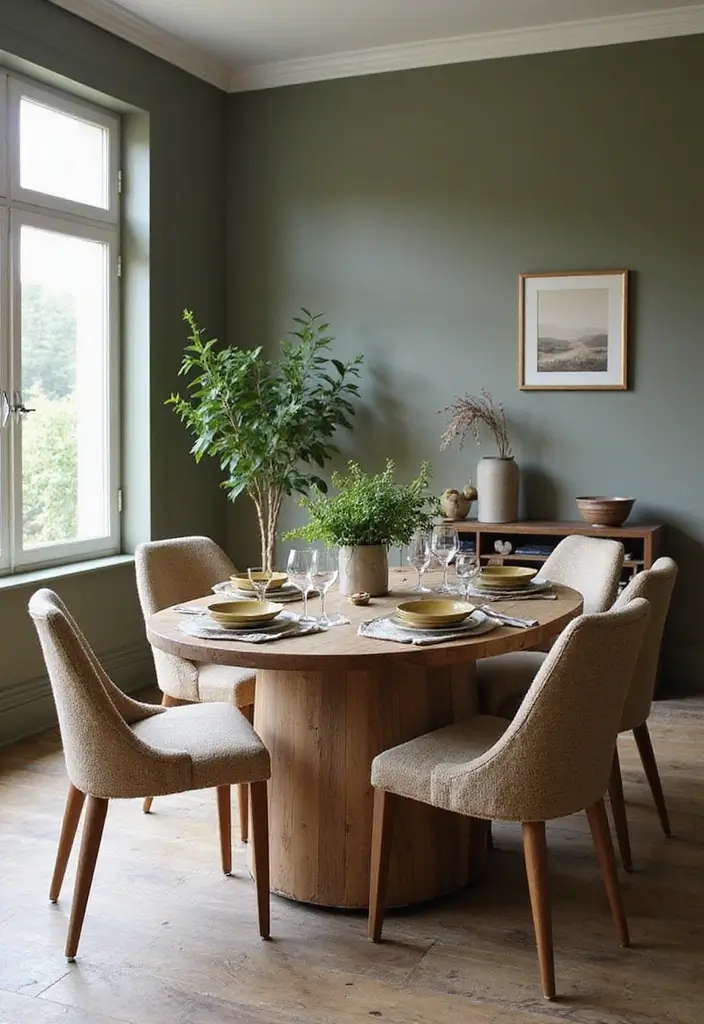 dining room with taupe walls and linen textiles