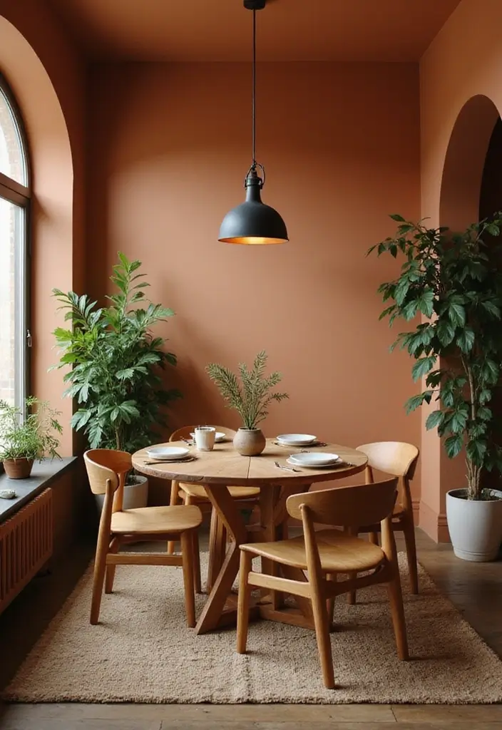 dining room with terracotta walls