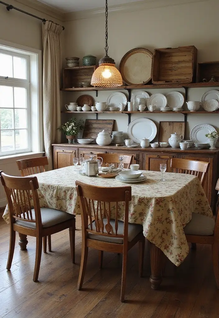 dining room with vintage sideboard and mismatched china