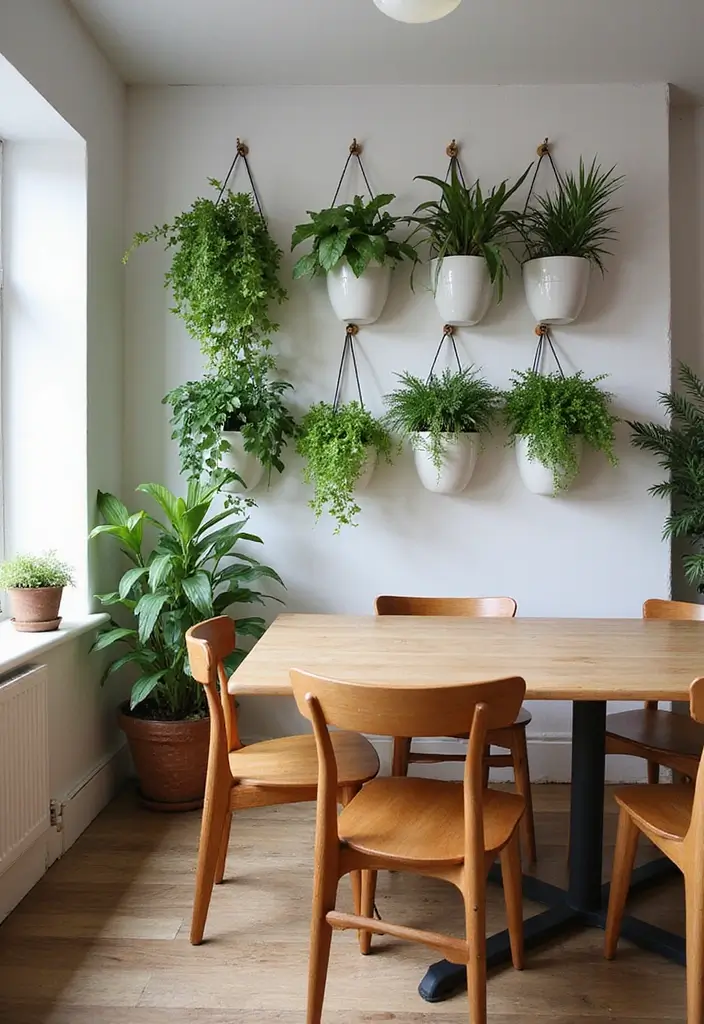 dining room with wall-mounted pothos in ceramic planters