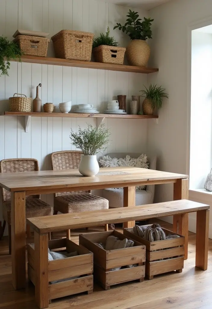 dining room with wooden crates and wicker baskets