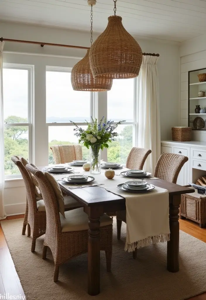 dining room with woven and wooden textures