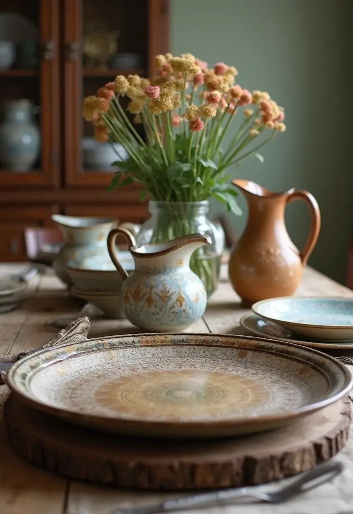dining table with antique serving ware and rustic platters