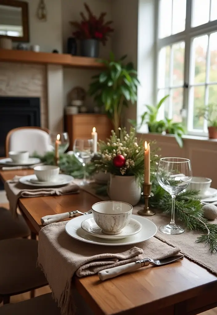 dining table with colorful holiday plates and greenery