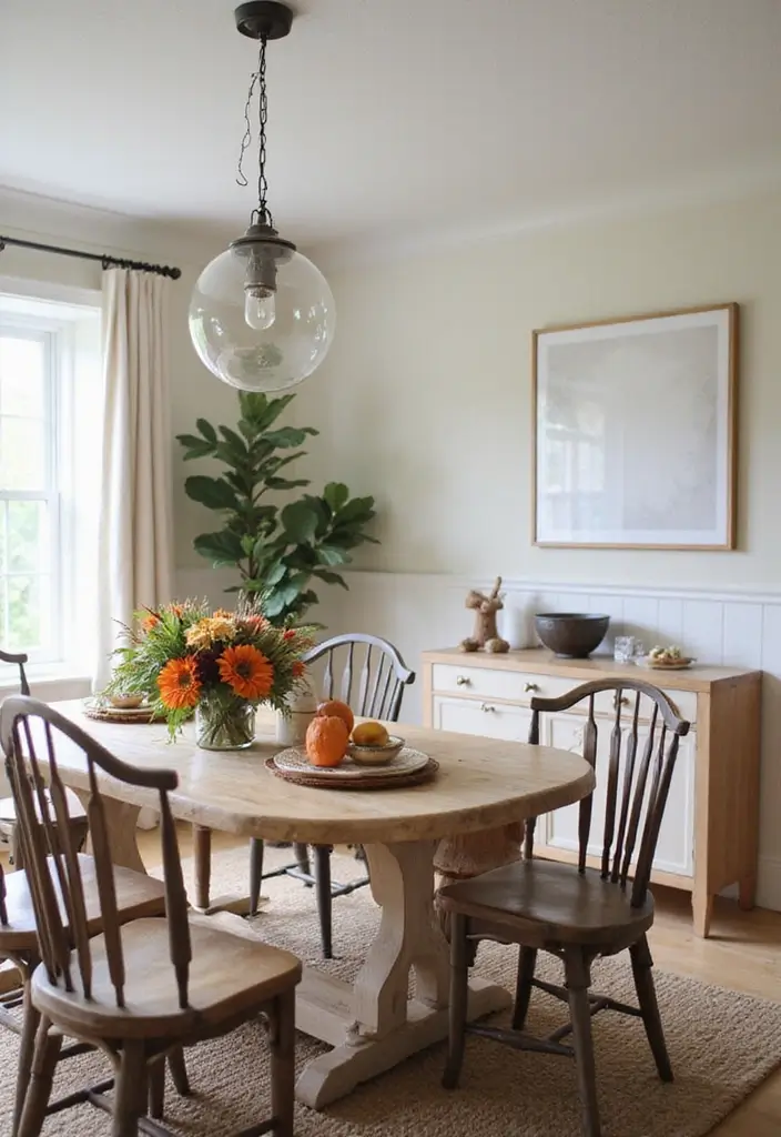 dining table with fall-themed runner and pumpkin centerpiece