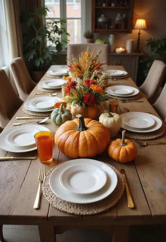 dining table with seasonal pumpkin centerpiece