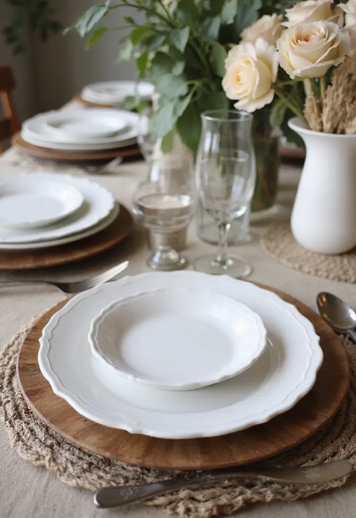 dining table with white dishes and woven placemats