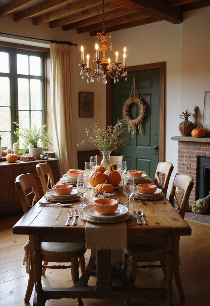 fall seasonal dining table decor with pumpkins