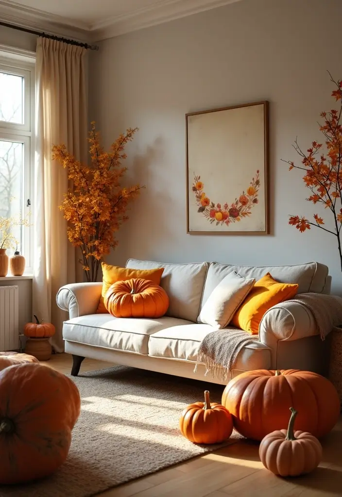 fall-themed pillows and decor in a living room