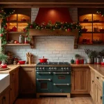 festive kitchen with colorful christmas decorations