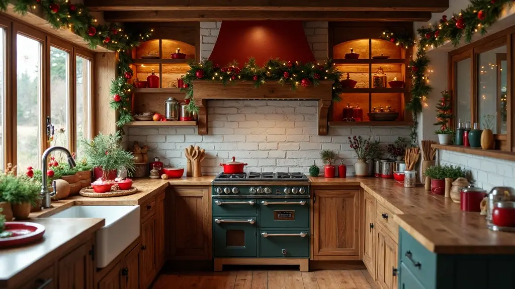 festive kitchen with colorful christmas decorations