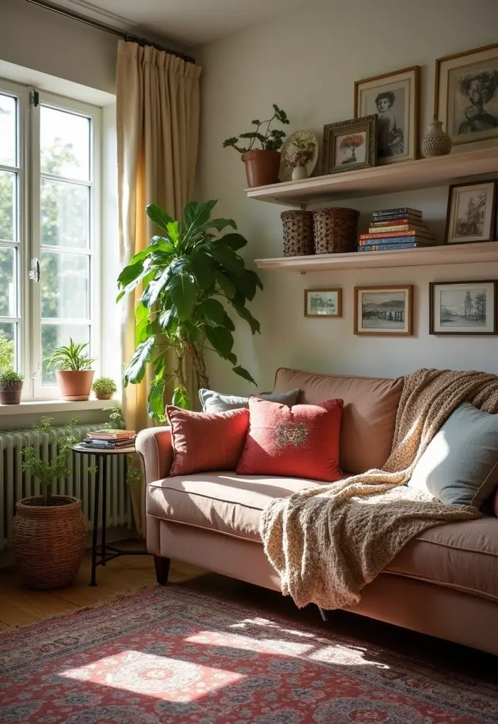 framed family photos on a living room shelf
