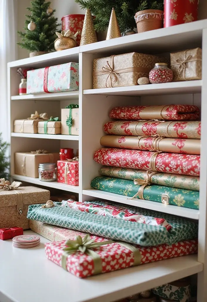 gift wrap station with colorful paper and ribbons