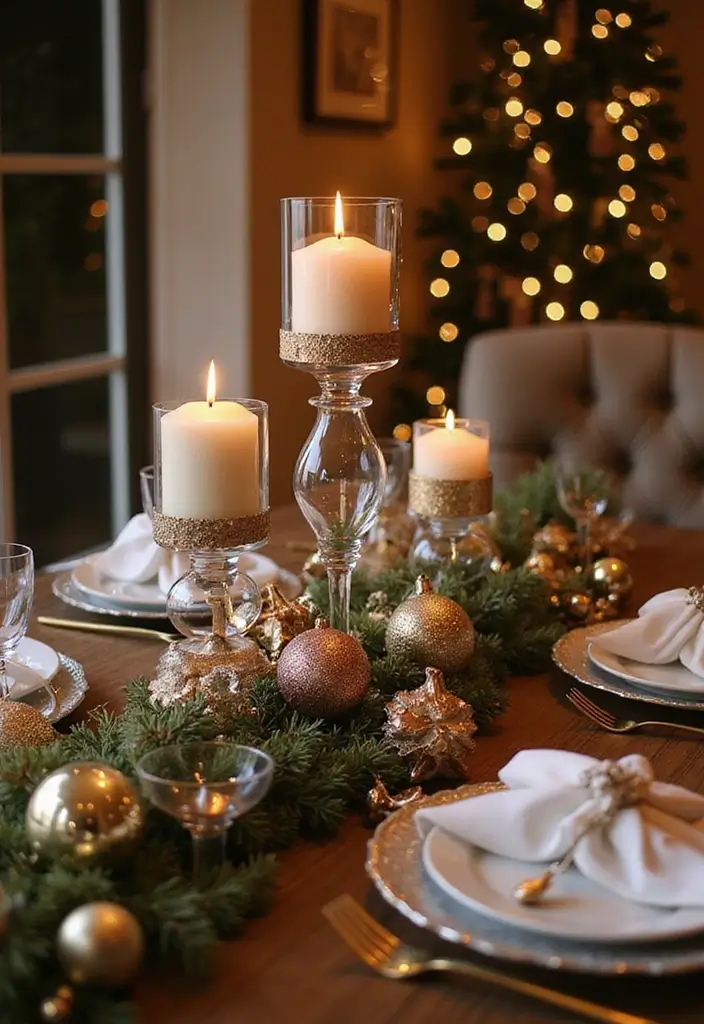 glass candle holders with faux flowers and glitter