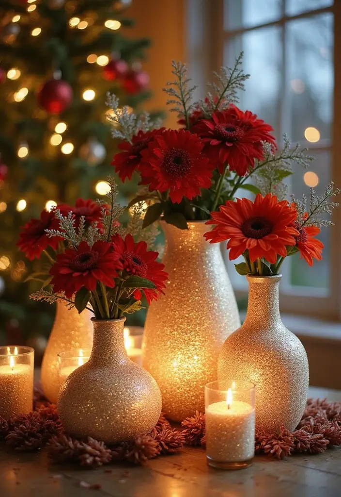 glitter-covered vases with poinsettias