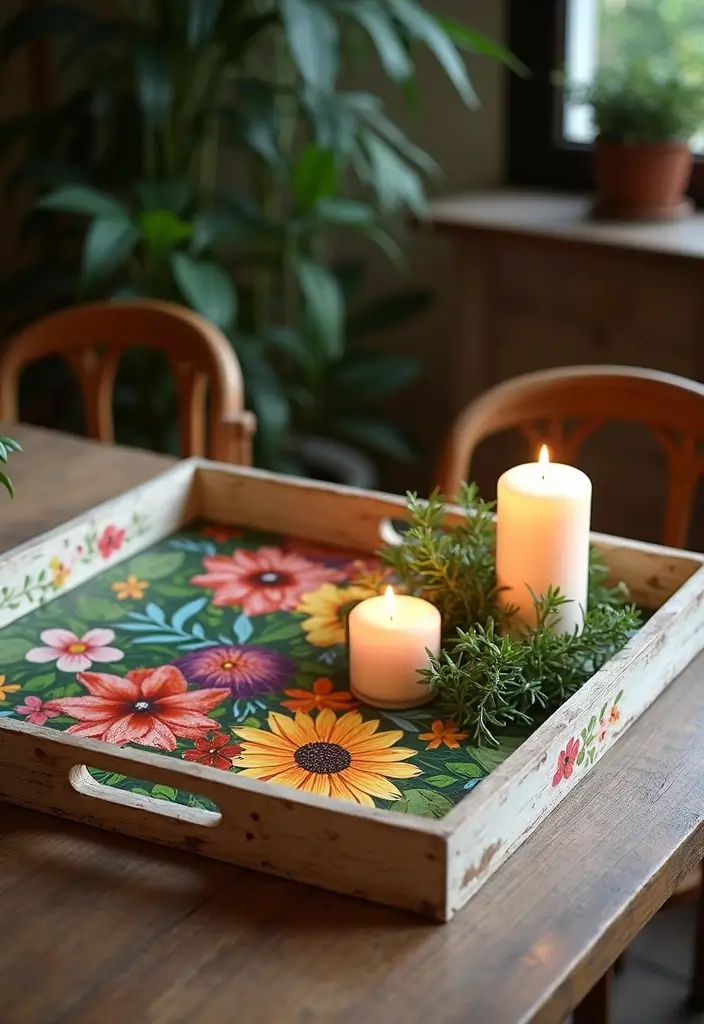 hand-painted floral wooden serving tray with candles