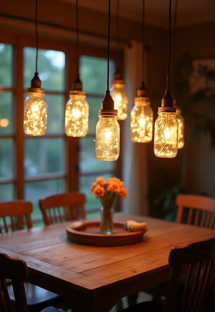 hanging mason jar pendant lights over dining table