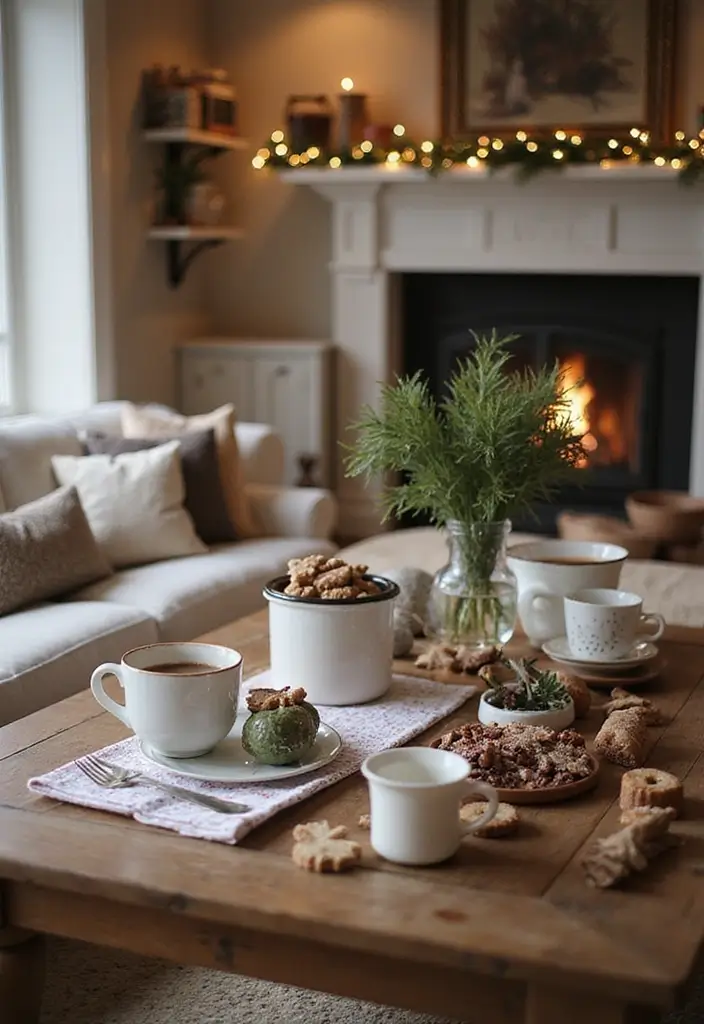 hot cocoa station with mugs and festive toppings