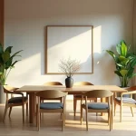 japandi dining room with light wood table and neutral decor