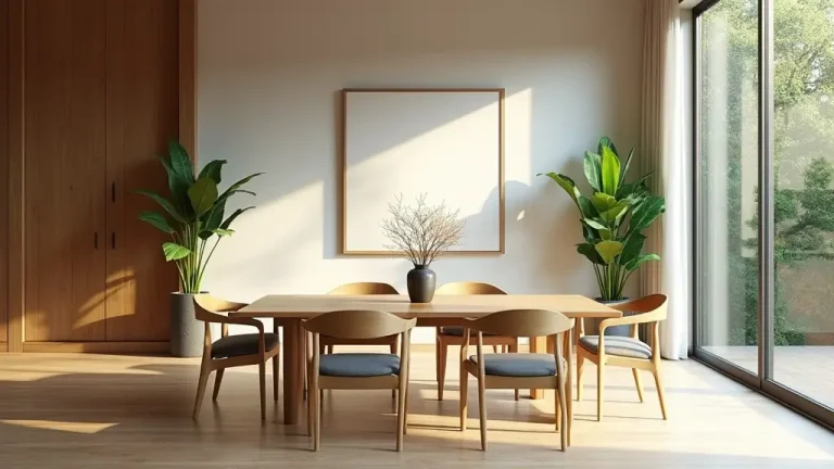 japandi dining room with light wood table and neutral decor
