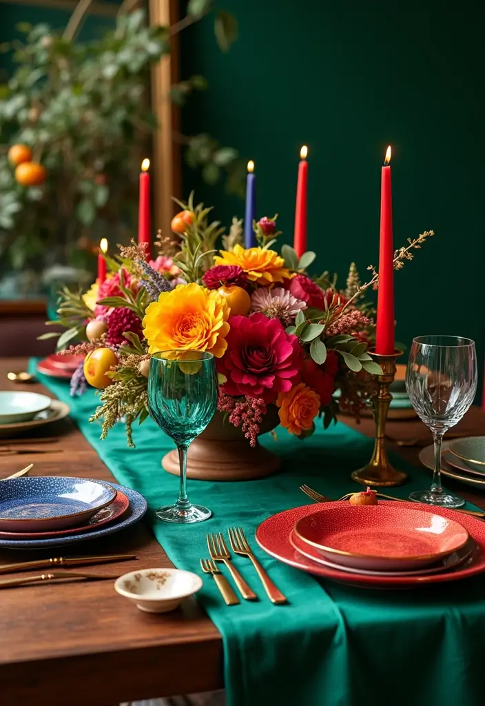 jewel-toned christmas table with colorful decor