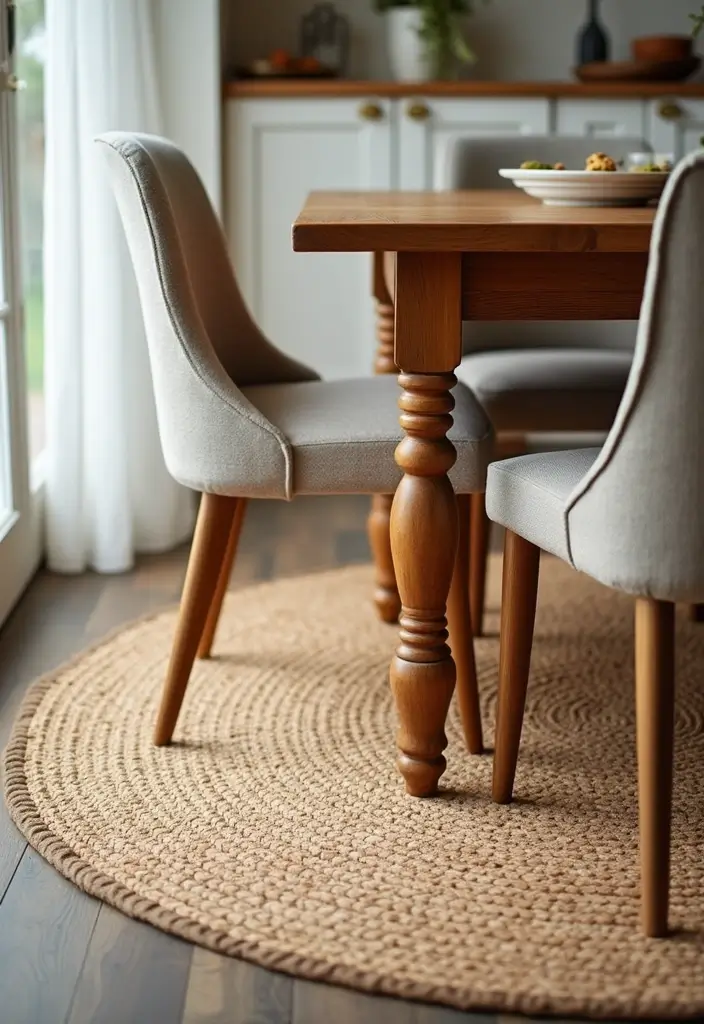 jute rug under dining table with wooden chairs