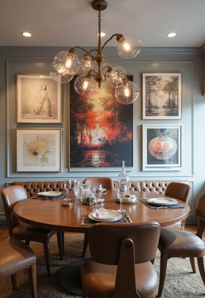 large abstract painting on dining room wall