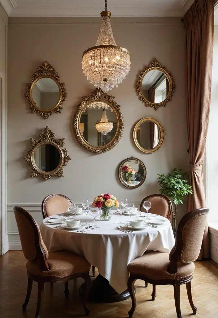 large decorative mirror in dining room