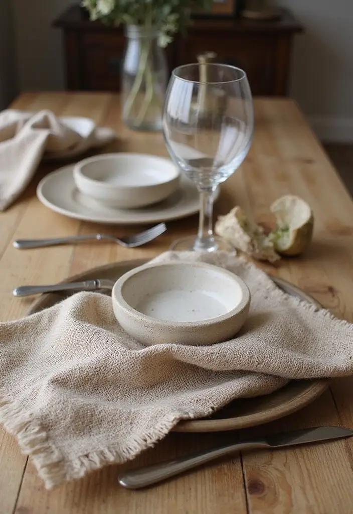 linen table runner and burlap placemats on dining table