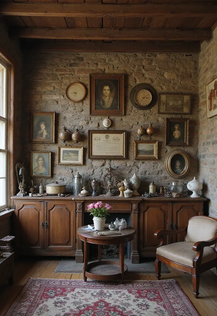 living room with antique mirror and vintage books