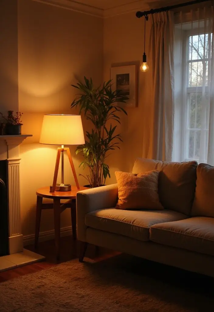 living room with arc floor lamp and pendant light