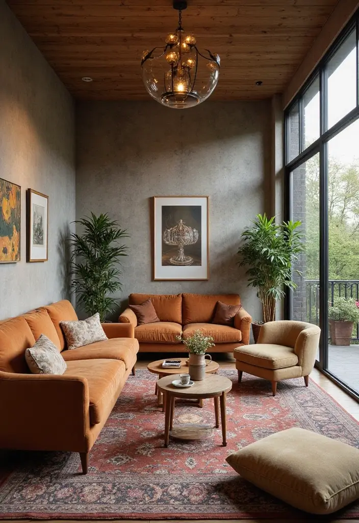 living room with circular seating and cozy cushions