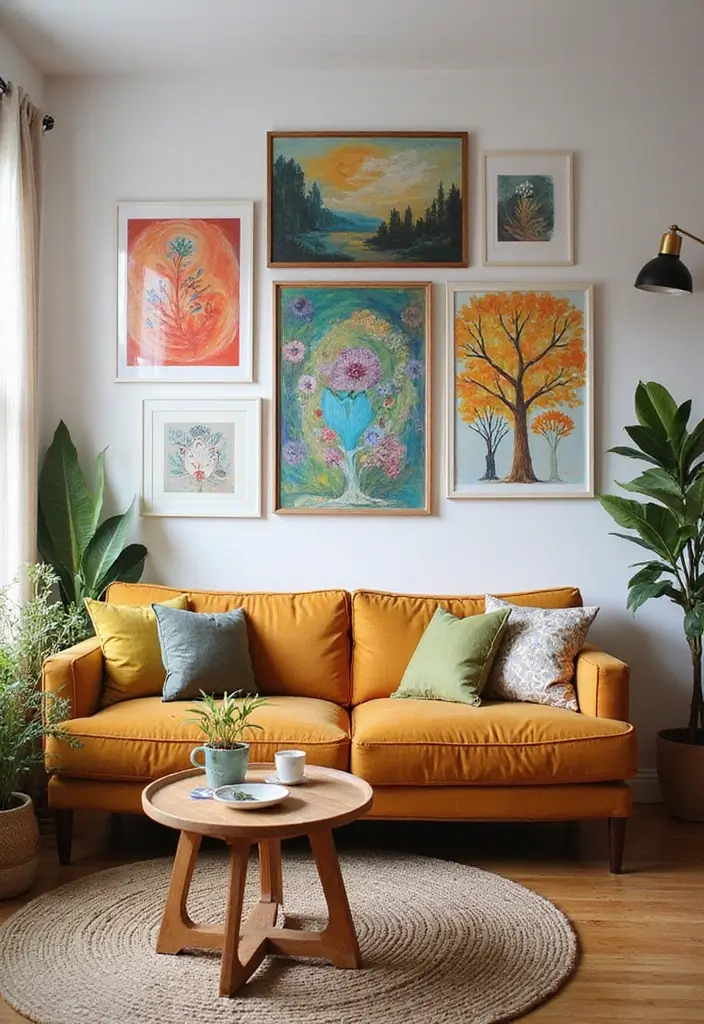 living room with countryside paintings and sculptures