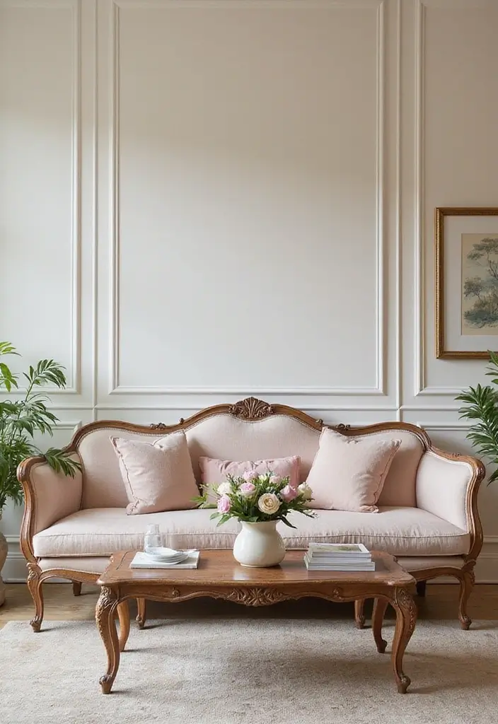 living room with distressed french furniture and vintage mirror