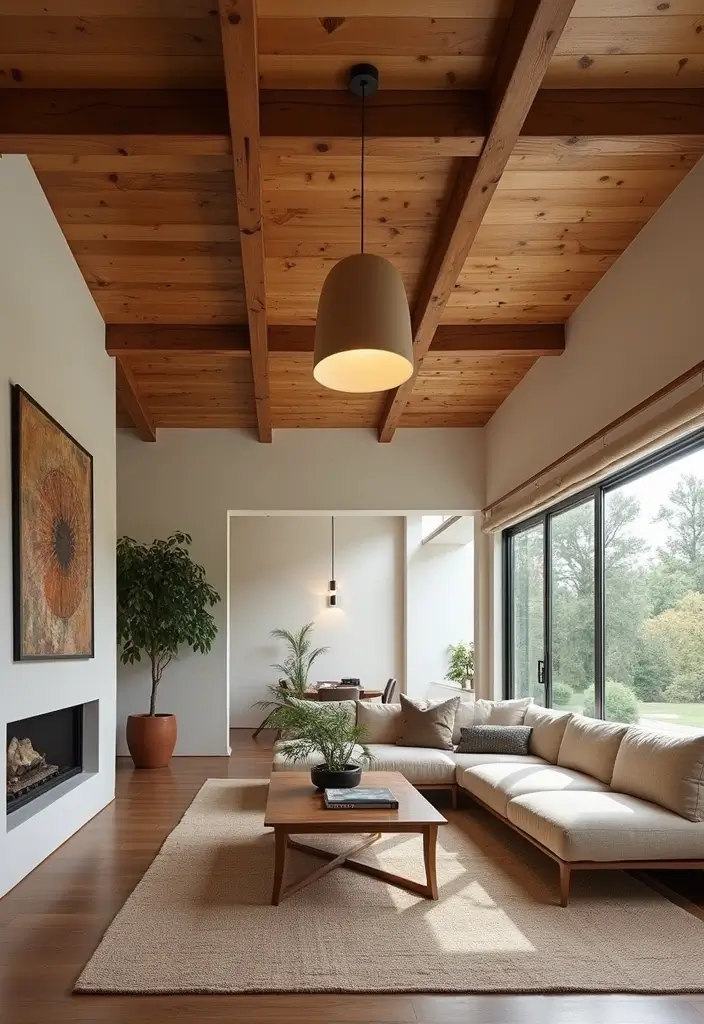 living room with exposed wood beams and pendant light