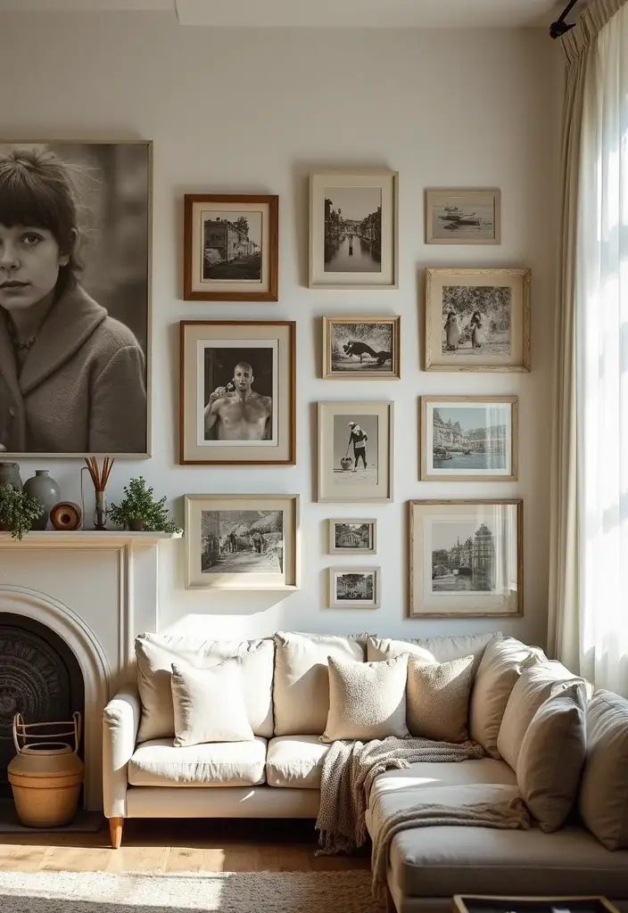 living room with family photos and personal mementos