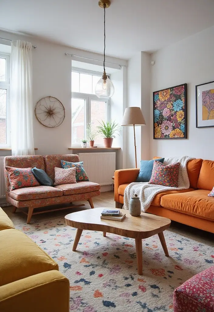living room with geometric patterned rug
