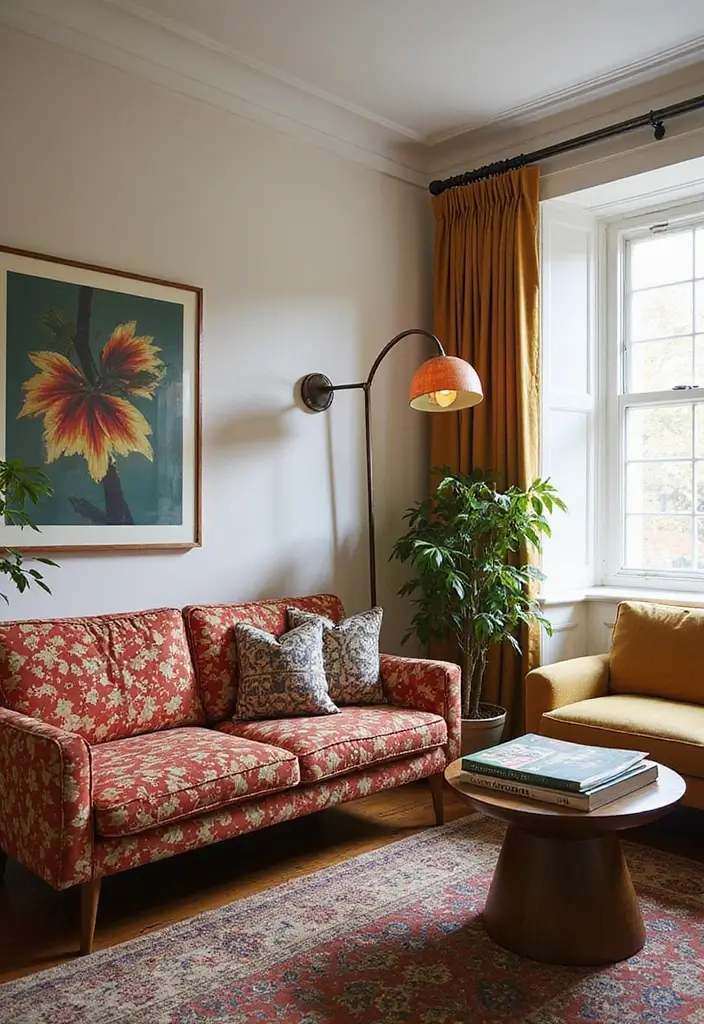 living room with geometric rug and patterned cushions