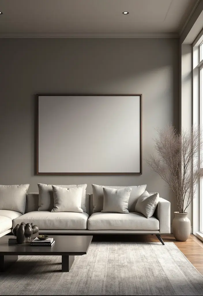 living room with gray sofa and matching cushions