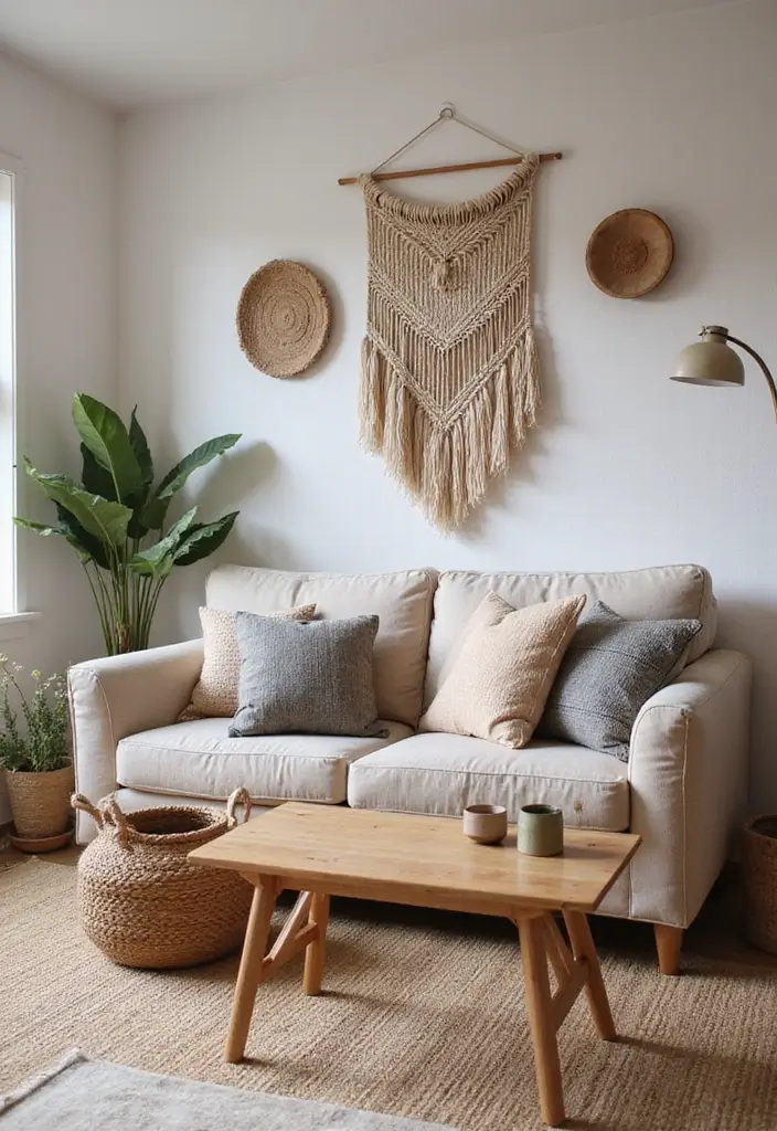 living room with handmade ceramics and woven textiles