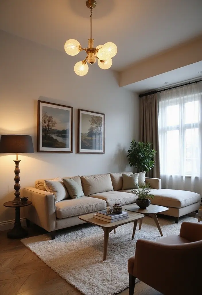 living room with large brass pendant lamp