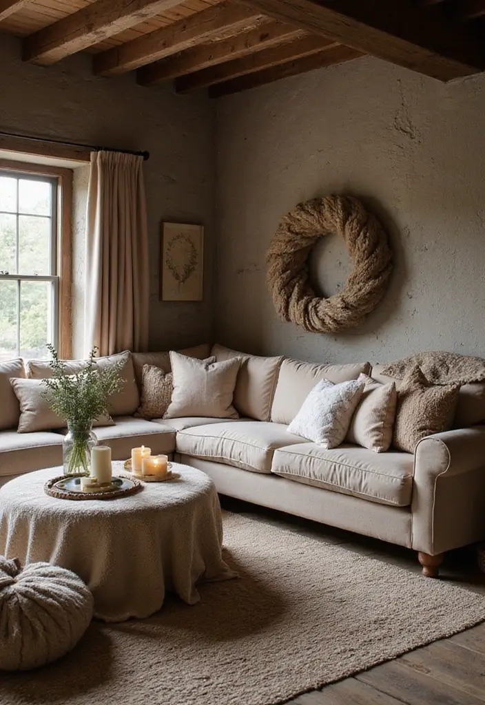 living room with lavender candle and soft cushions